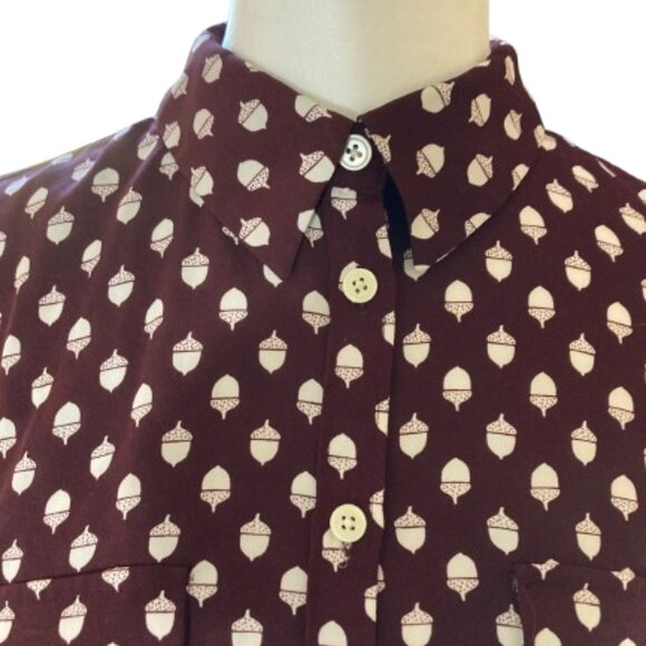 Ann Taylor LOFT Acorn Print Button Down Shirt Cranberry, Size Long Torso, Medium - Picture 9 of 14